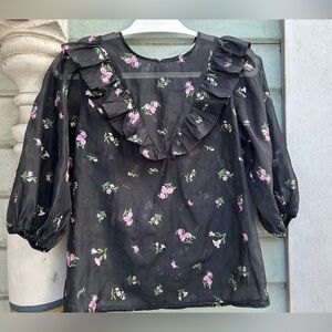 Zara Black Top with Pink and Green Embroidery